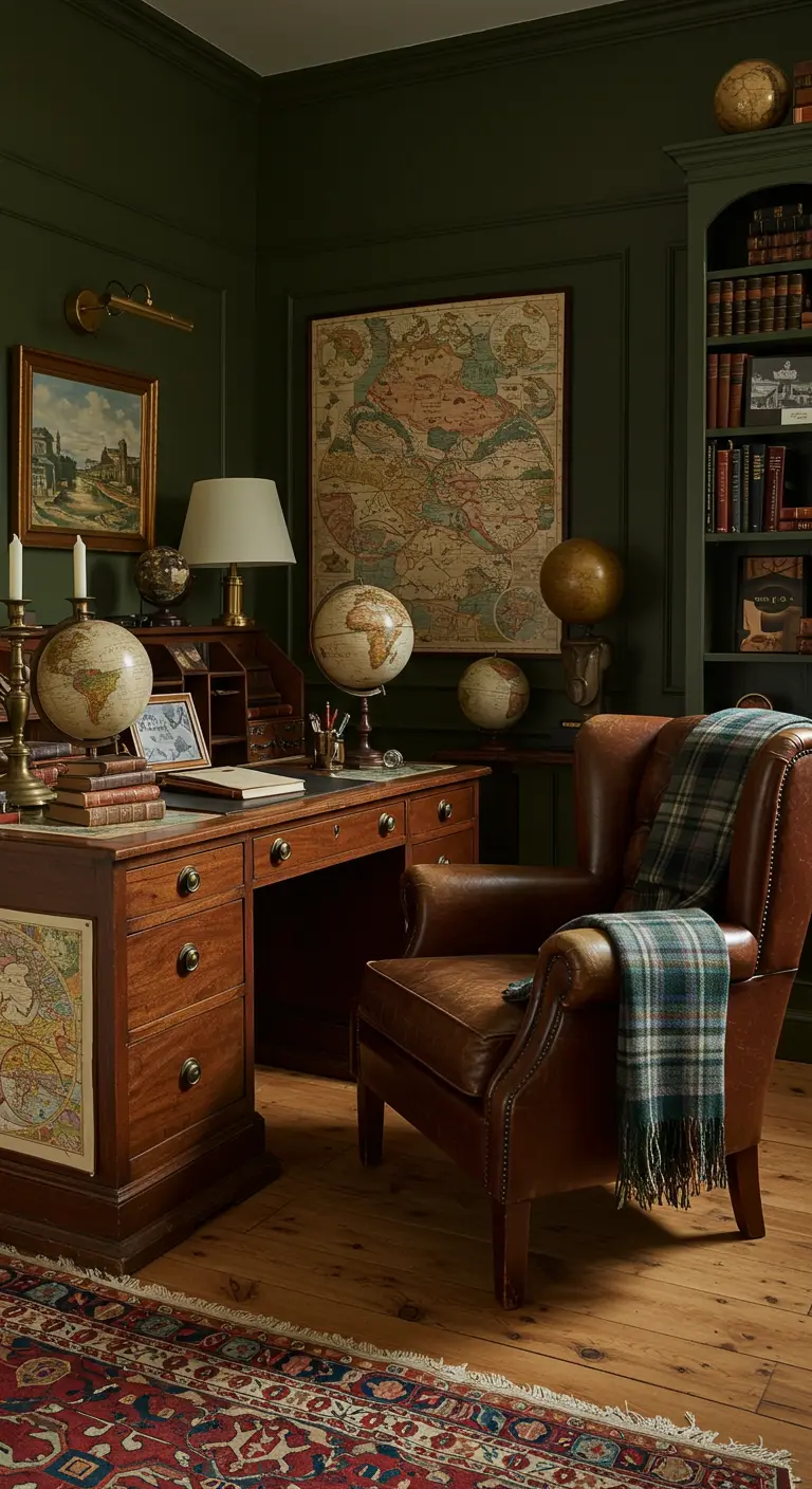 Bureau vert foncé avec cartes anciennes, globes terrestres et fauteuil en cuir.