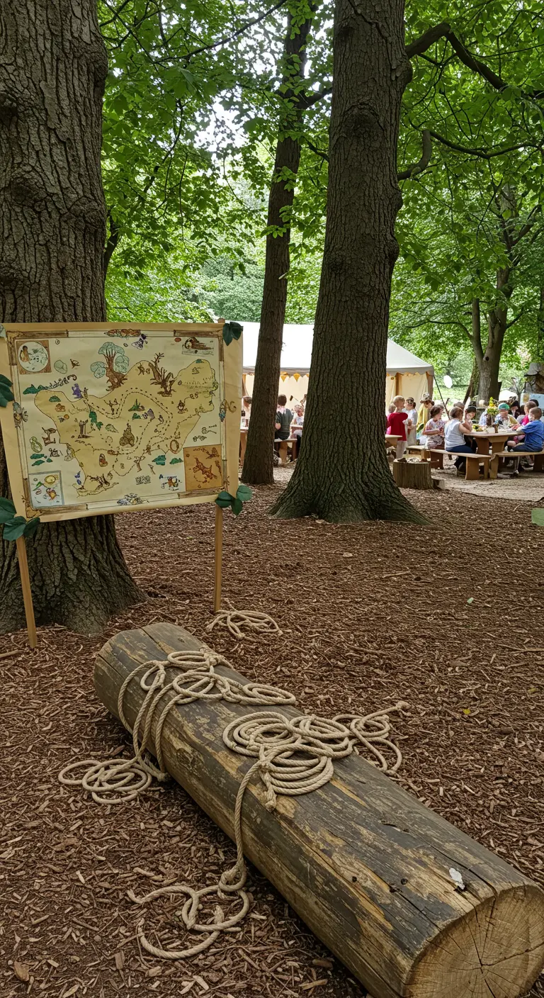 Grande carte au trésor dessinée à la main et exposée sur un chevalet dans un parc.