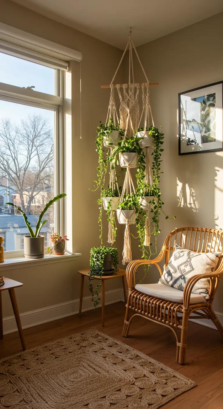 Suspension en macramé à plusieurs niveaux avec des plantes vertes dans un coin salon.