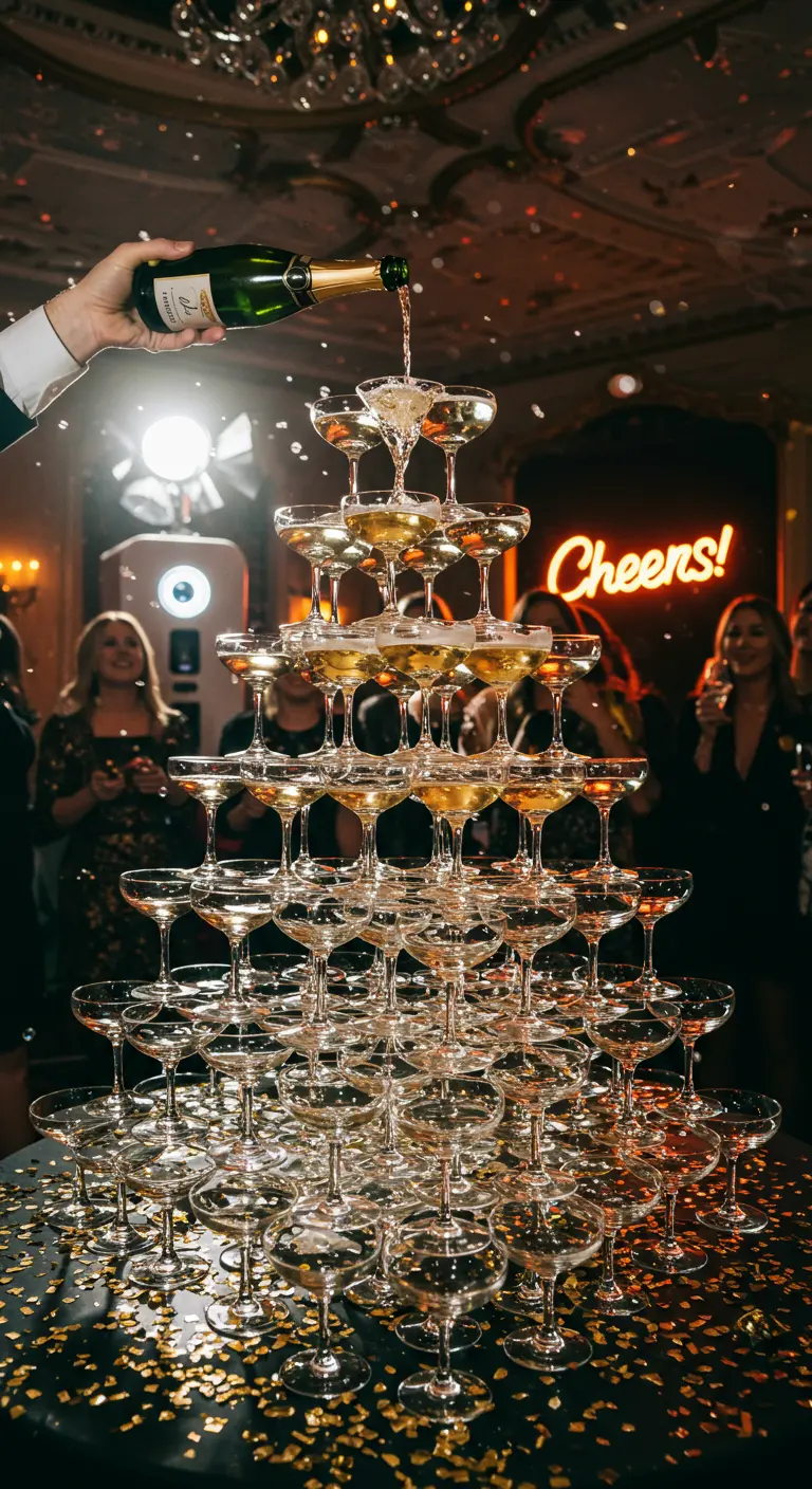 Main versant du champagne sur une impressionnante pyramide de coupes.