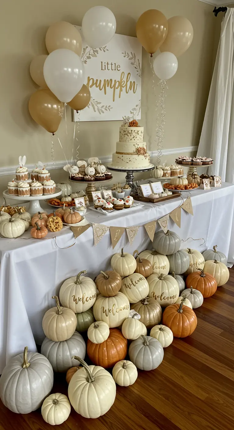 Table de baby shower avec un amoncellement de citrouilles aux tons pastel, certaines avec des inscriptions dorées.