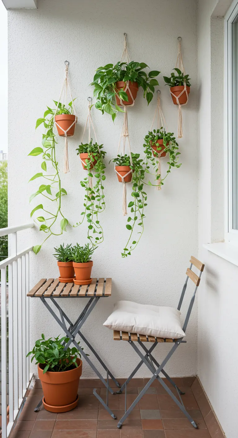 Mur blanc de balcon avec plusieurs plantes vertes dans des suspensions en macramé.
