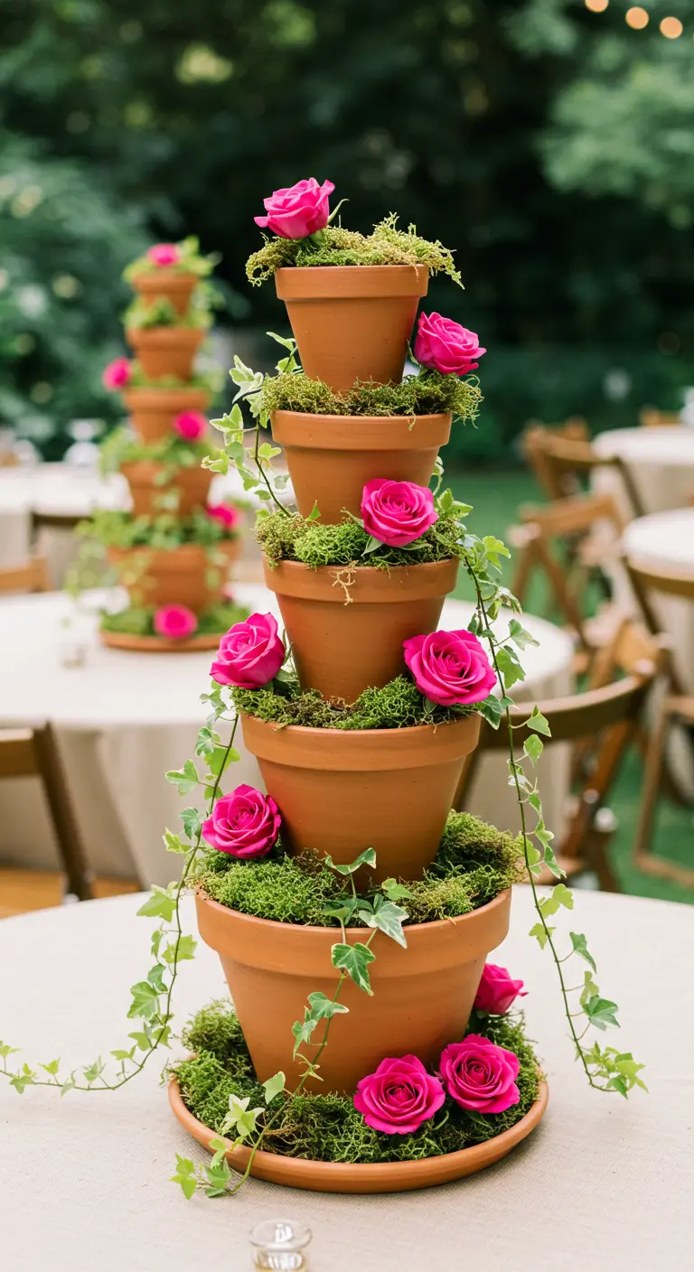 Tour de pots en terre cuite superposés, garnis de mousse et de roses fuchsia.