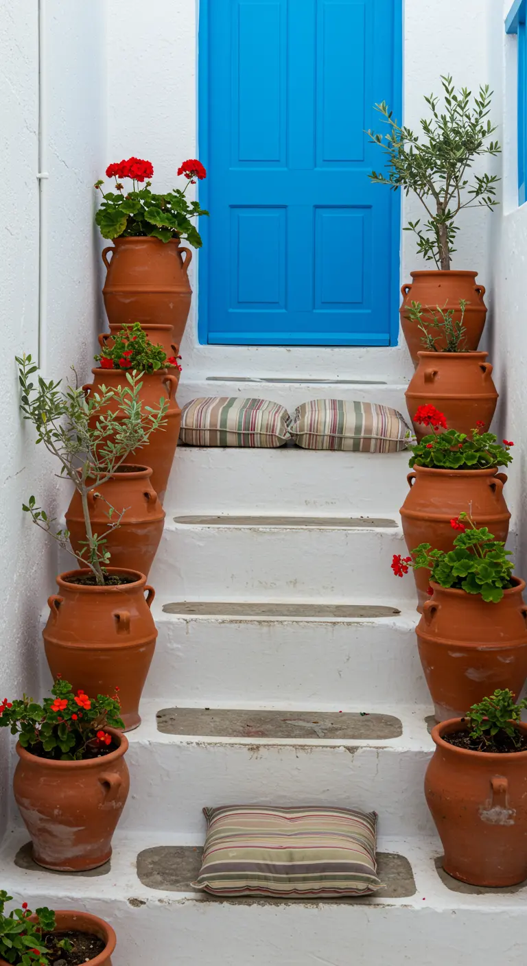 Escalier blanc décoré de nombreux pots en terre cuite et porte bleue.