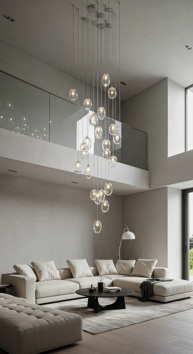 Salon moderne avec un grand lustre en cascade de globes de verre.