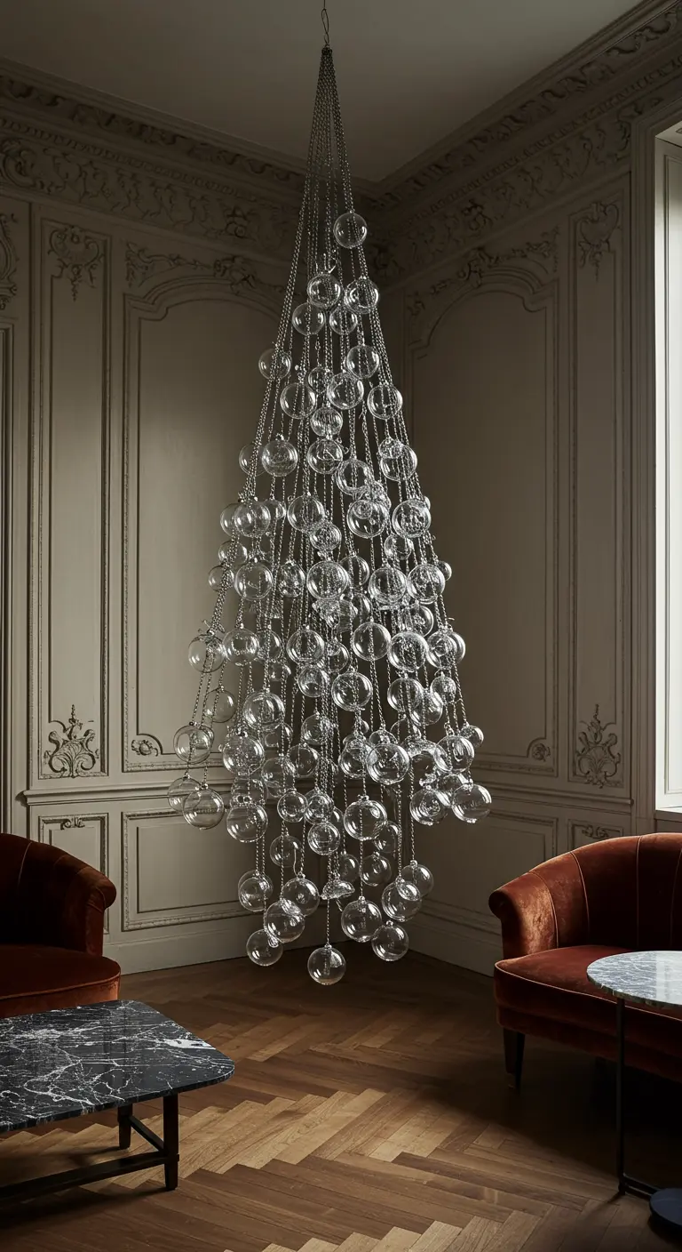 Sapin de Noël suspendu composé de centaines de boules de verre transparentes.