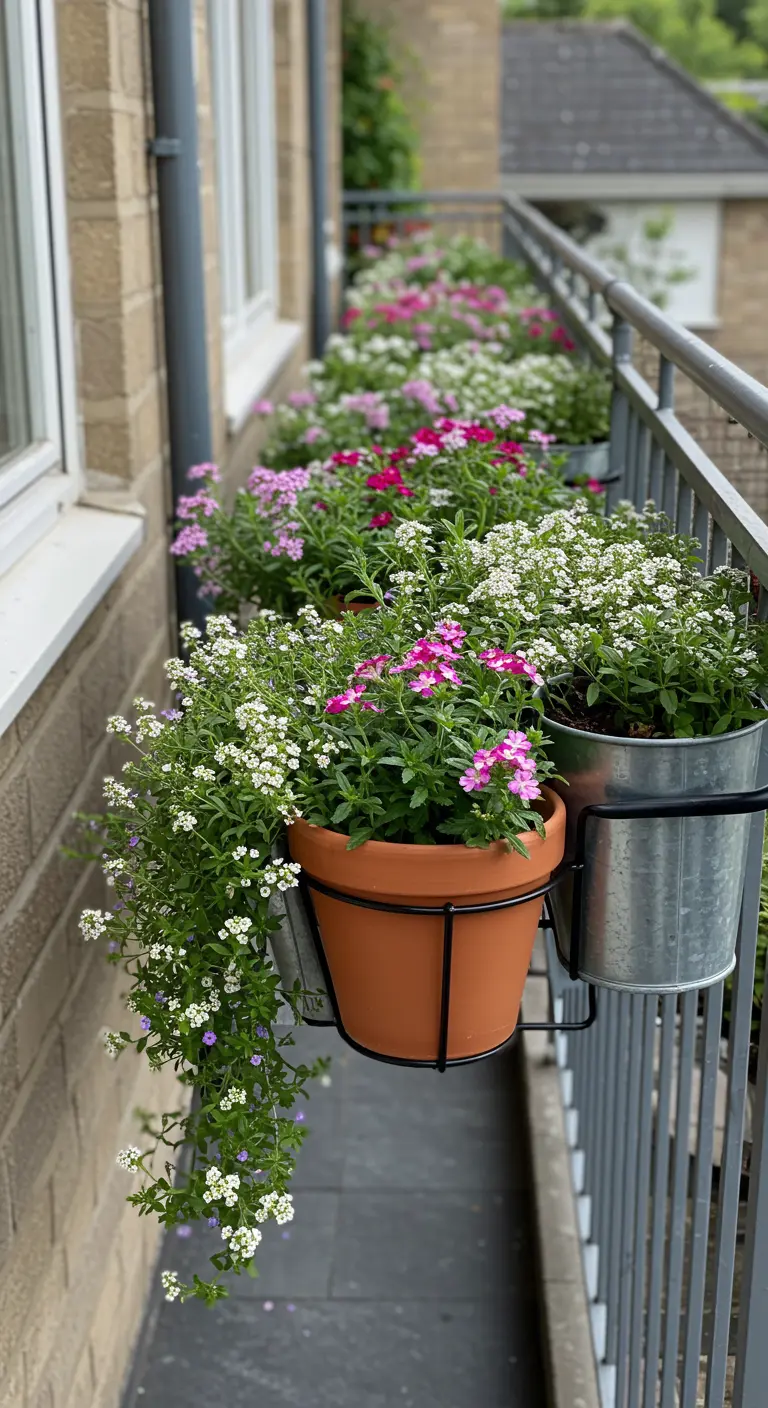 Jardinières de balcon suspendues à la rambarde avec des fleurs roses et blanches retombantes.