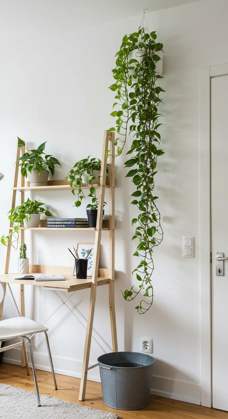Bureau-échelle en bois clair avec des plantes sur les étagères et une grande plante retombante.