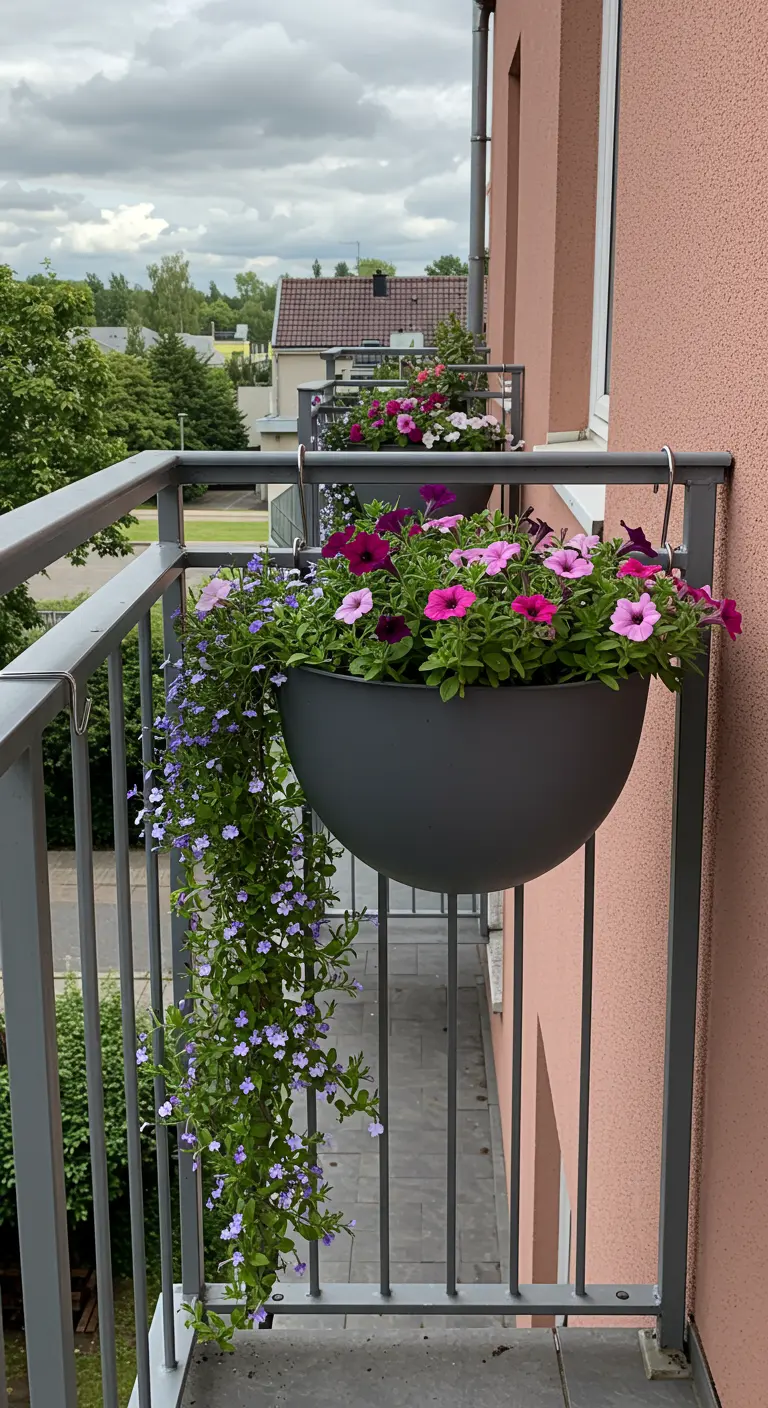 Jardinière de balcon grise sur une rambarde, avec des fleurs roses et bleues en cascade.