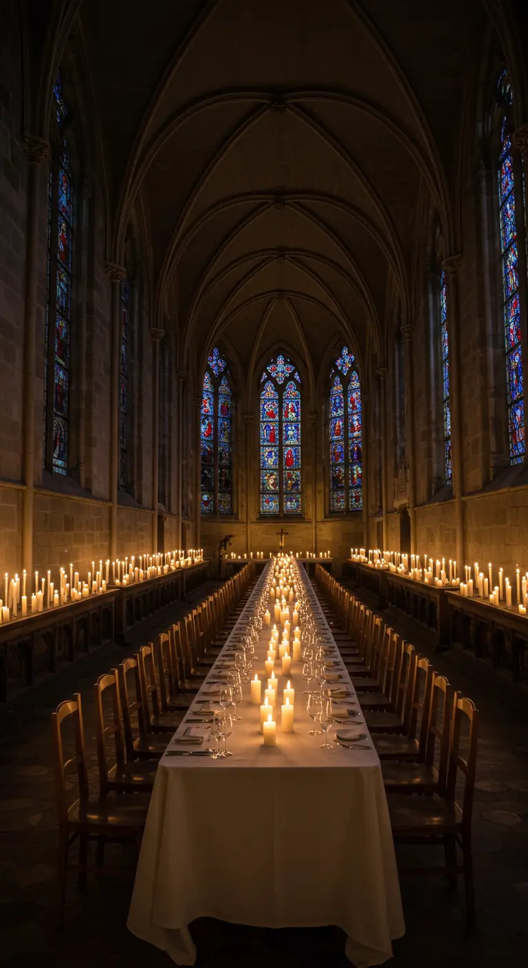 Salle de banquet aux allures de cathédrale, éclairée uniquement par des centaines de bougies.
