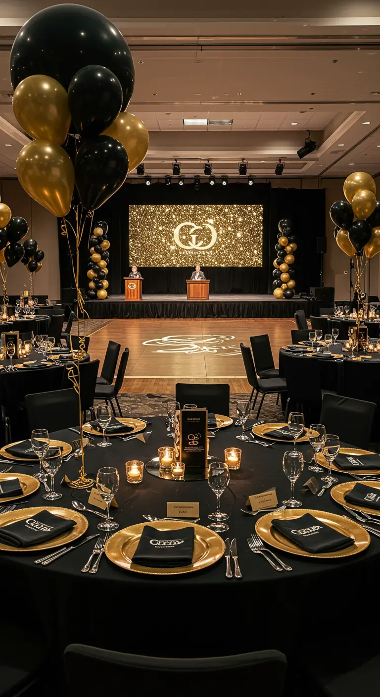Gala avec tables rondes, vaisselle dorée et scène avec écran personnalisé.