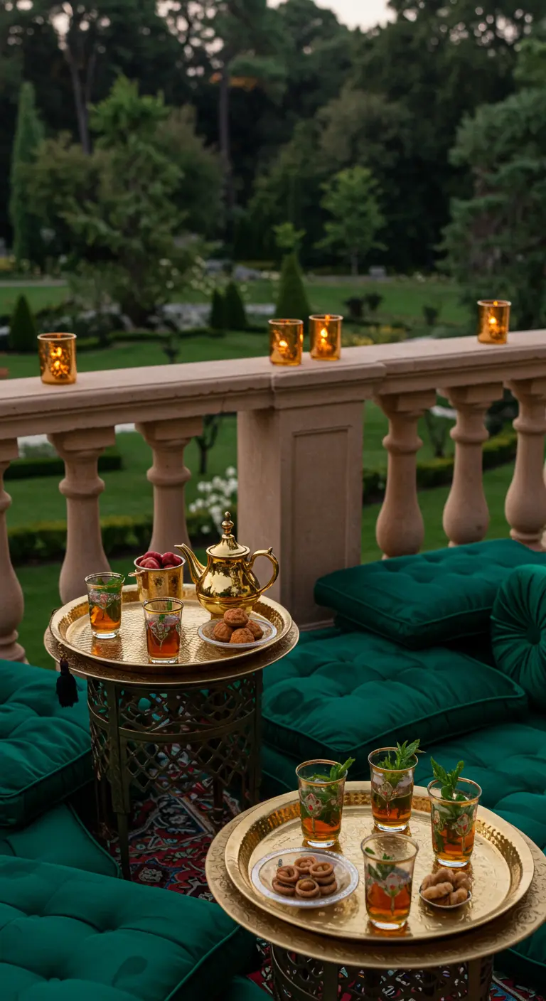 Plateaux dorés avec théière et verres à thé à la menthe sur un balcon.