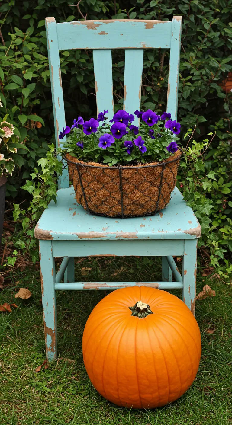 Une vieille chaise bleue en bois servant de support à un pot de pensées violettes.