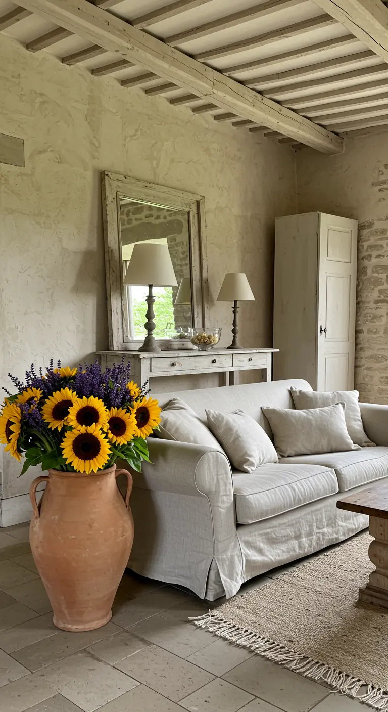 Salon de style provençal avec un grand bouquet de tournesols et de lavande