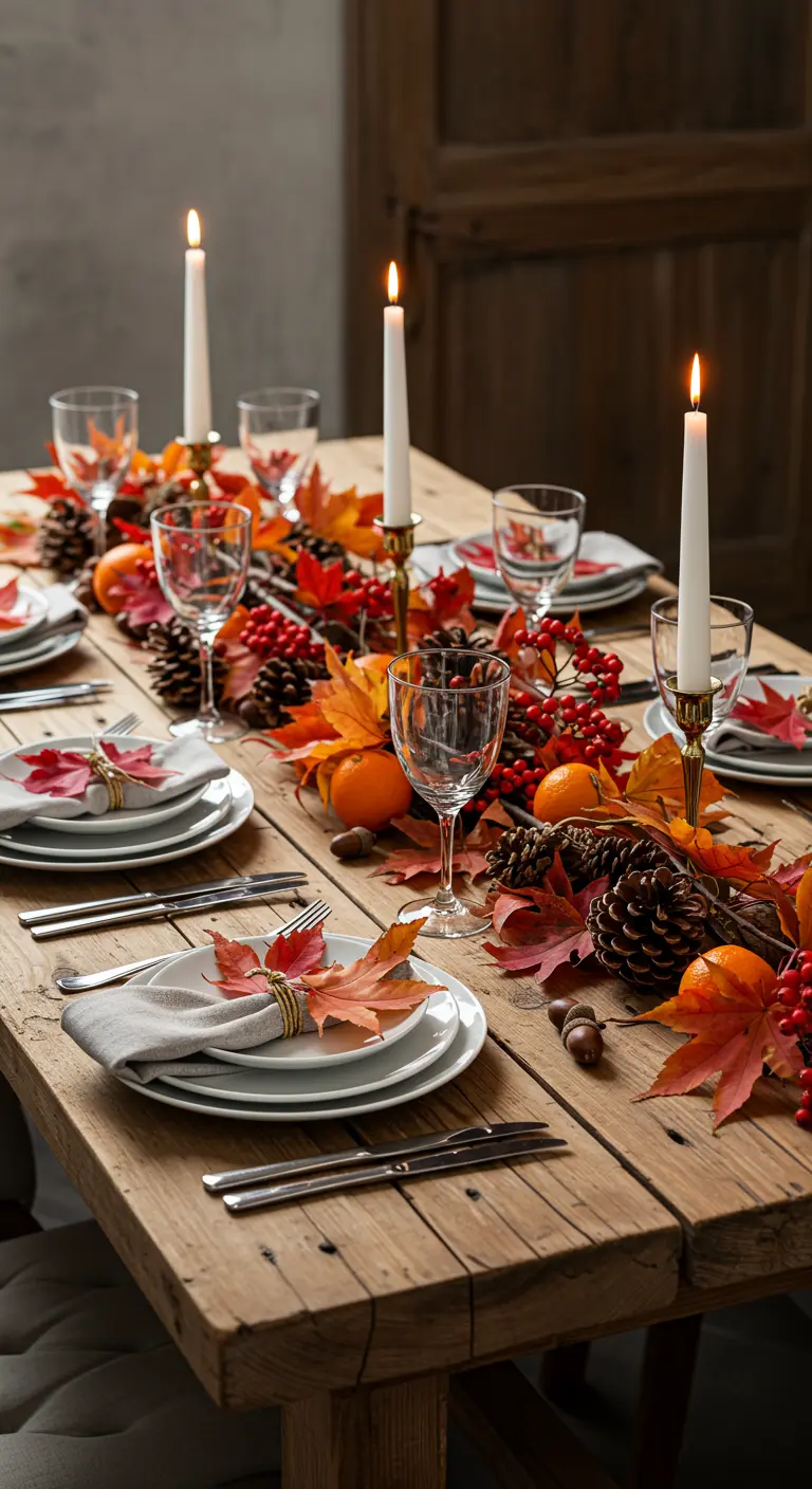 Table en bois décorée avec des feuilles d'automne, des pommes de pin et des baies.
