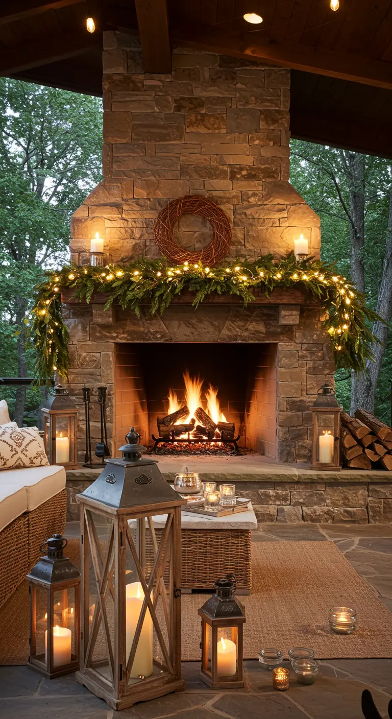Cheminée extérieure en pierre décorée d'une guirlande végétale lumineuse et de plusieurs lanternes en bois.