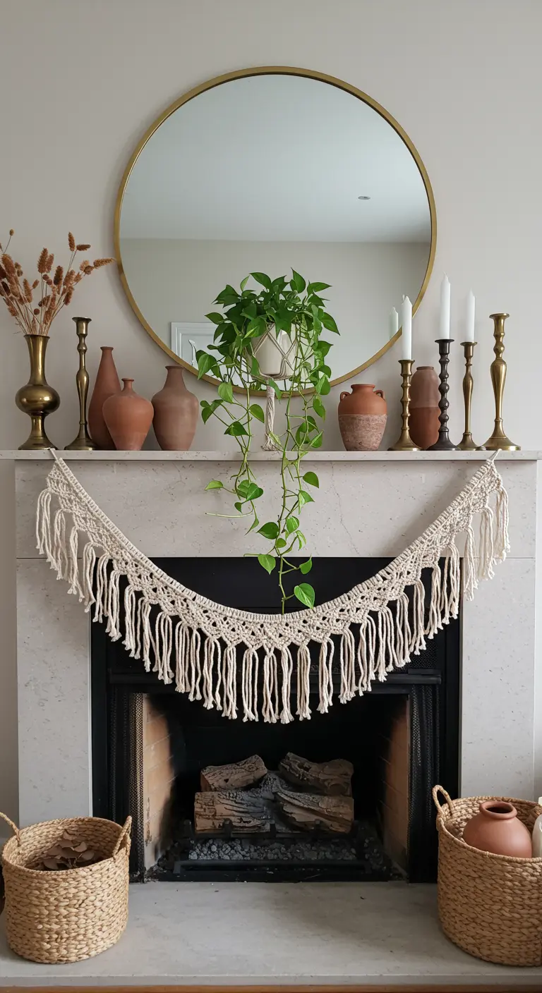 Manteau de cheminée décoré d'une guirlande en macramé, de vases et de chandeliers.