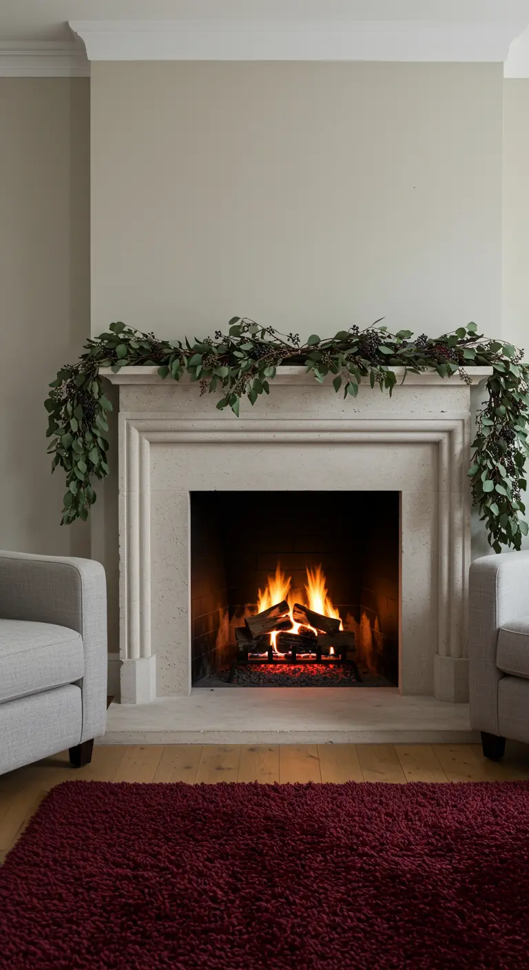 Cheminée en pierre claire décorée d'une guirlande d'eucalyptus et de baies sombres.