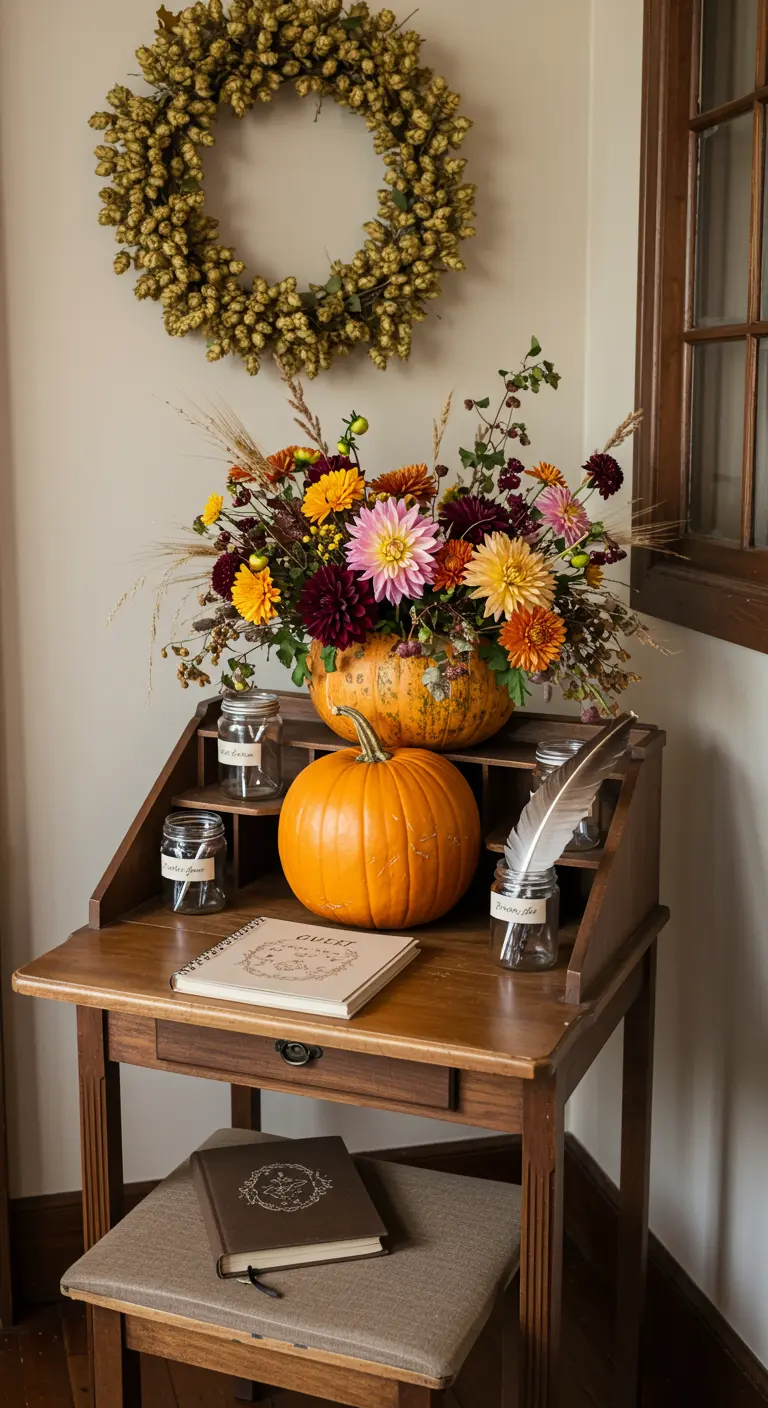 Bouquet de fleurs d'automne colorées présenté dans une citrouille évidée.