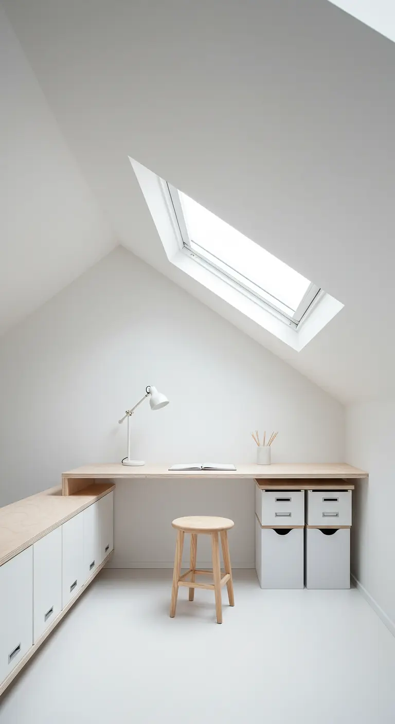 Bureau en bois clair sous une fenêtre de toit dans des combles blancs et épurés.