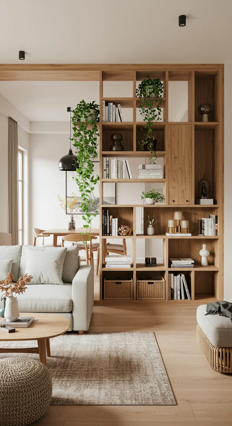 Bibliothèque ajourée en bois servant de séparation, décorée de livres et de plantes grimpantes.