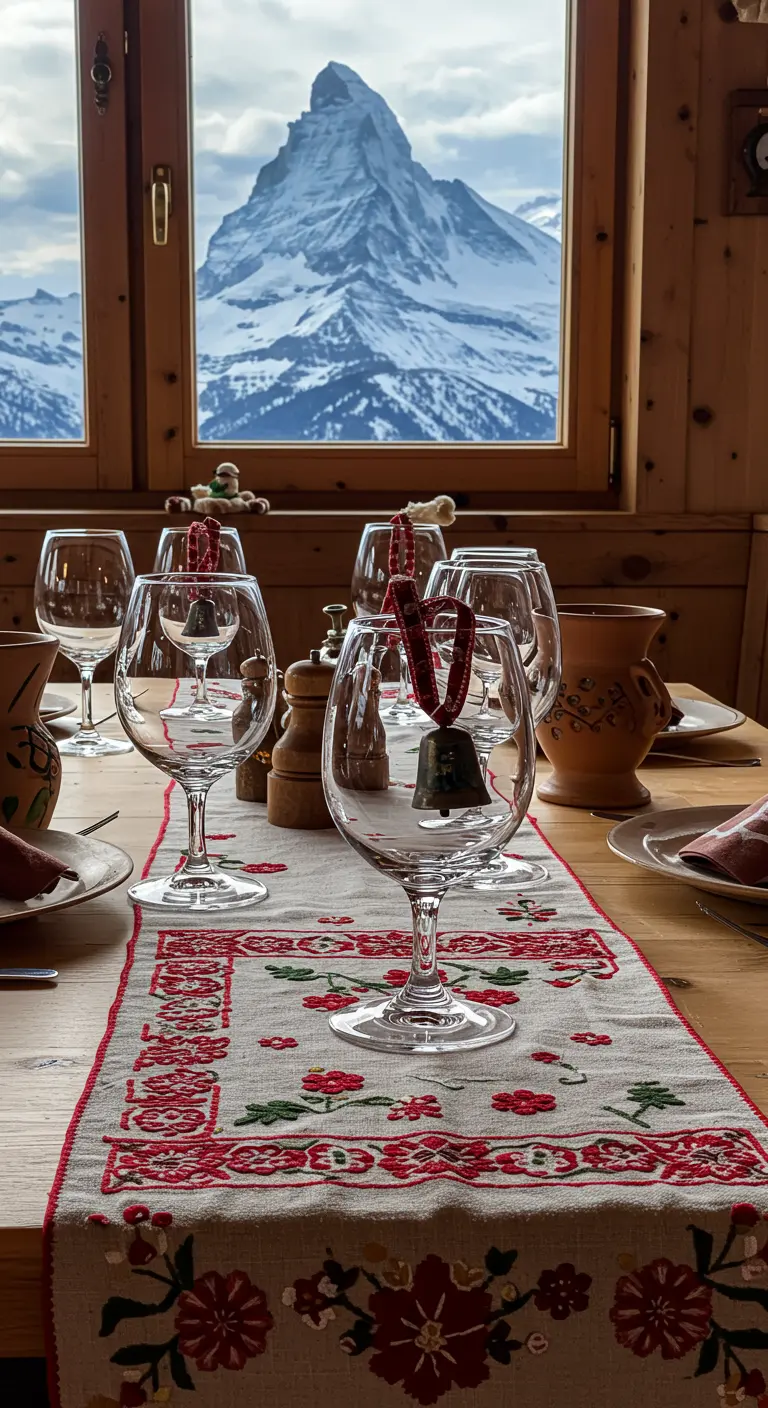 Verre à vin décoré d'une clochette et d'un ruban sur une table de style alpin.