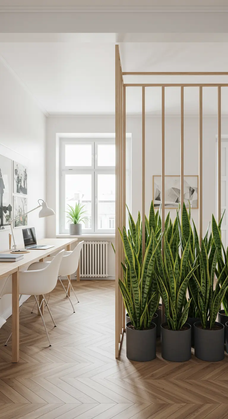 Espace bureau séparé par une cloison en tasseaux de bois et une rangée de sansevierias.