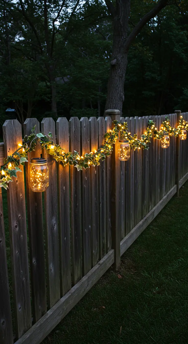 Une clôture en bois décorée d'une guirlande de lierre, de lumières et de bocaux lumineux.