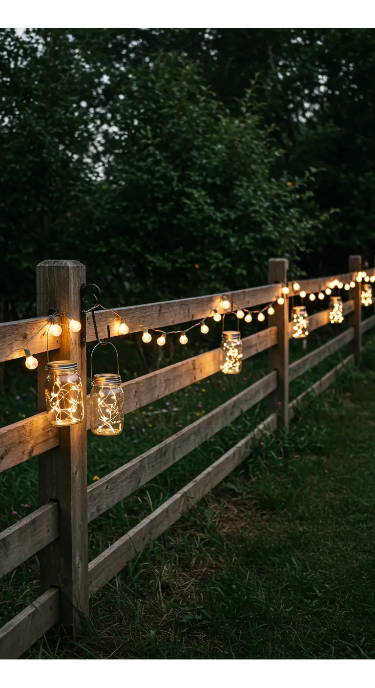 Clôture en bois décorée d'une guirlande lumineuse et de bocaux contenant des micro-LED.