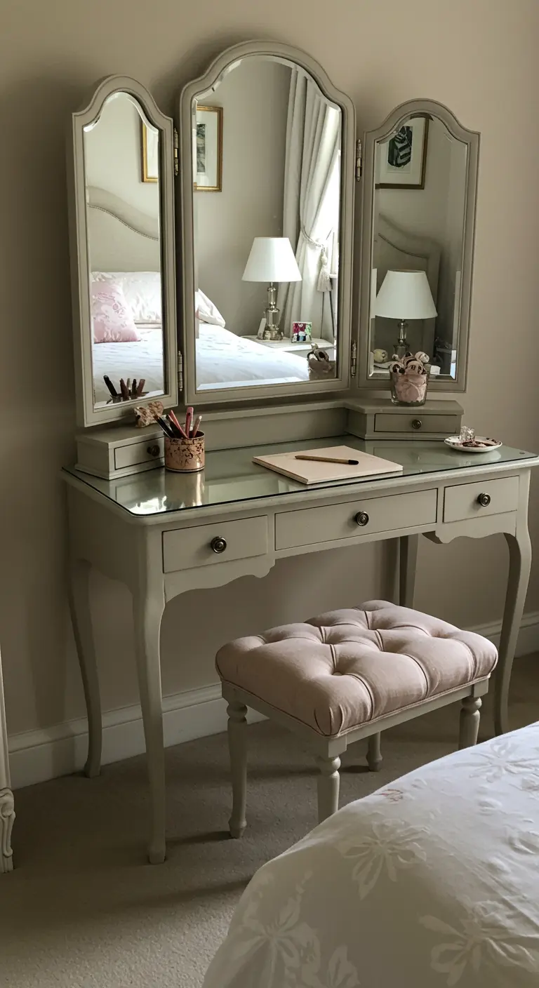 Coiffeuse de style vintage avec un miroir triptyque utilisée comme petit bureau.