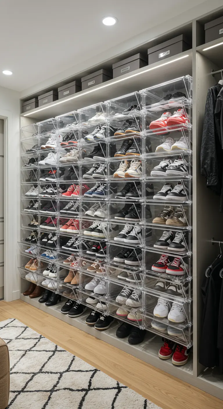 Mur de boîtes à chaussures transparentes et empilables, exposant une collection de baskets.