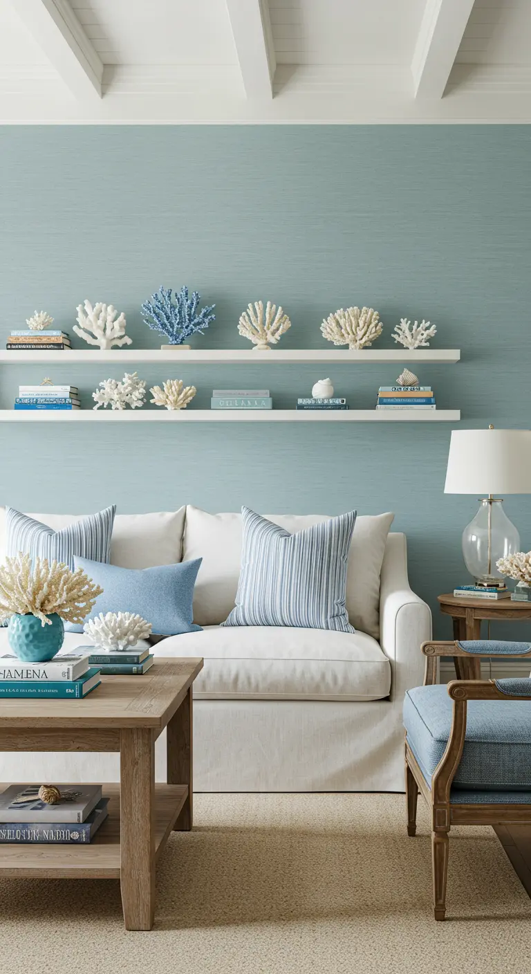 Mur bleu-gris avec des étagères blanches exposant une collection de coraux blancs et bleus.