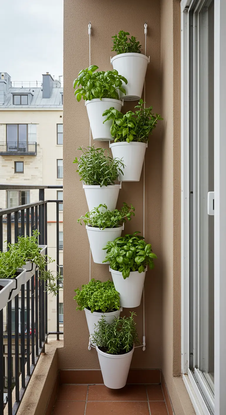 Tour de pots blancs superposés avec des herbes aromatiques sur un balcon.