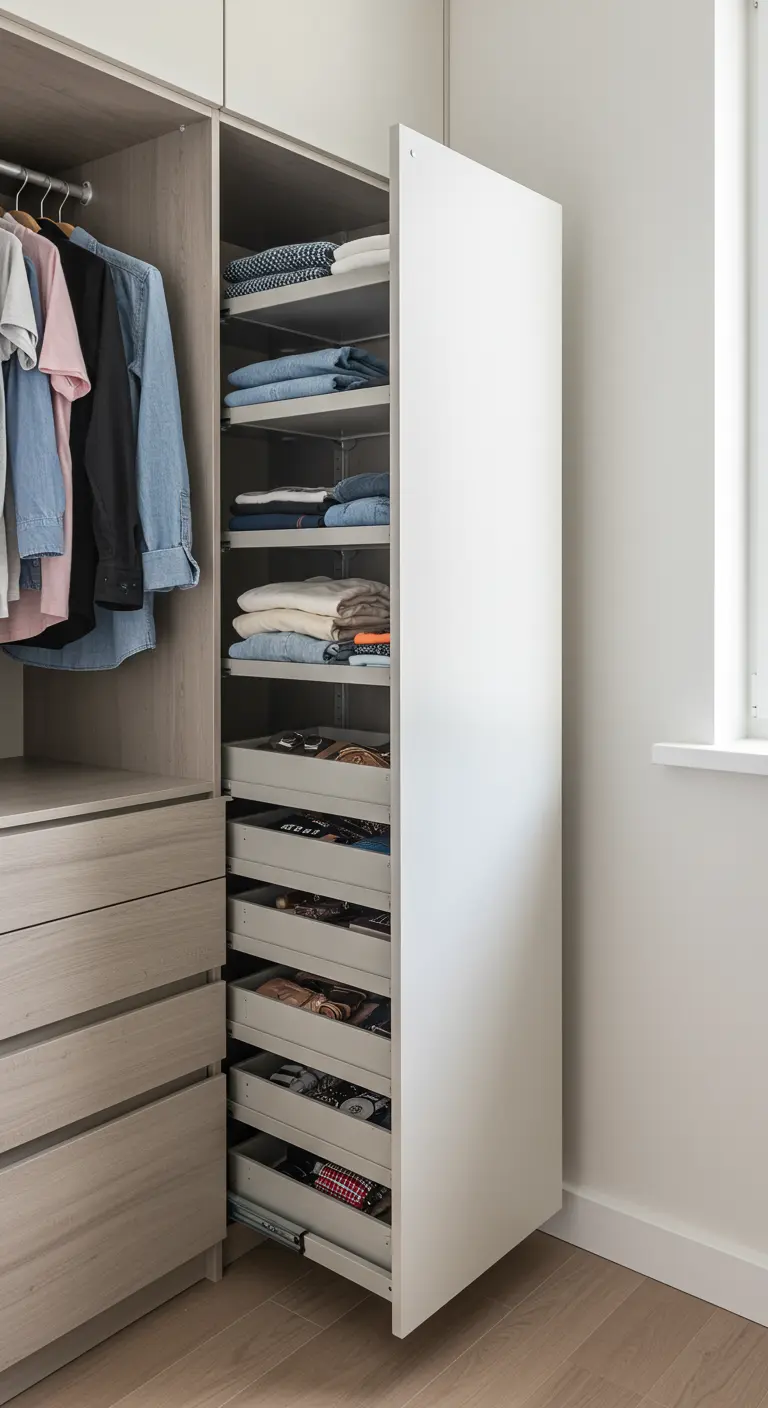 Module de rangement vertical et coulissant, ouvert pour révéler des étagères et des tiroirs.