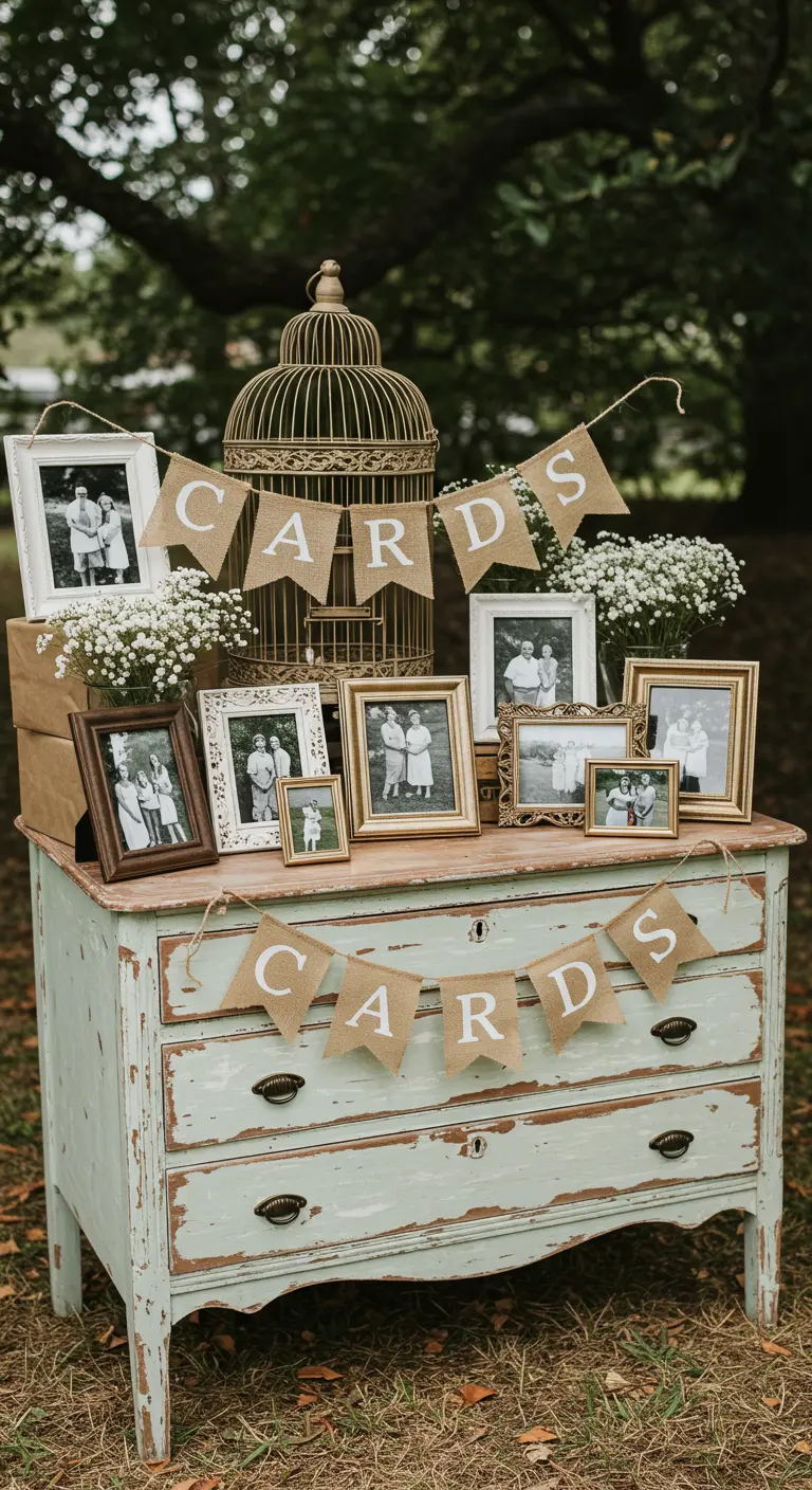 Vieille commode repeinte en vert d'eau servant de table à cadeaux, décorée de photos de famille.