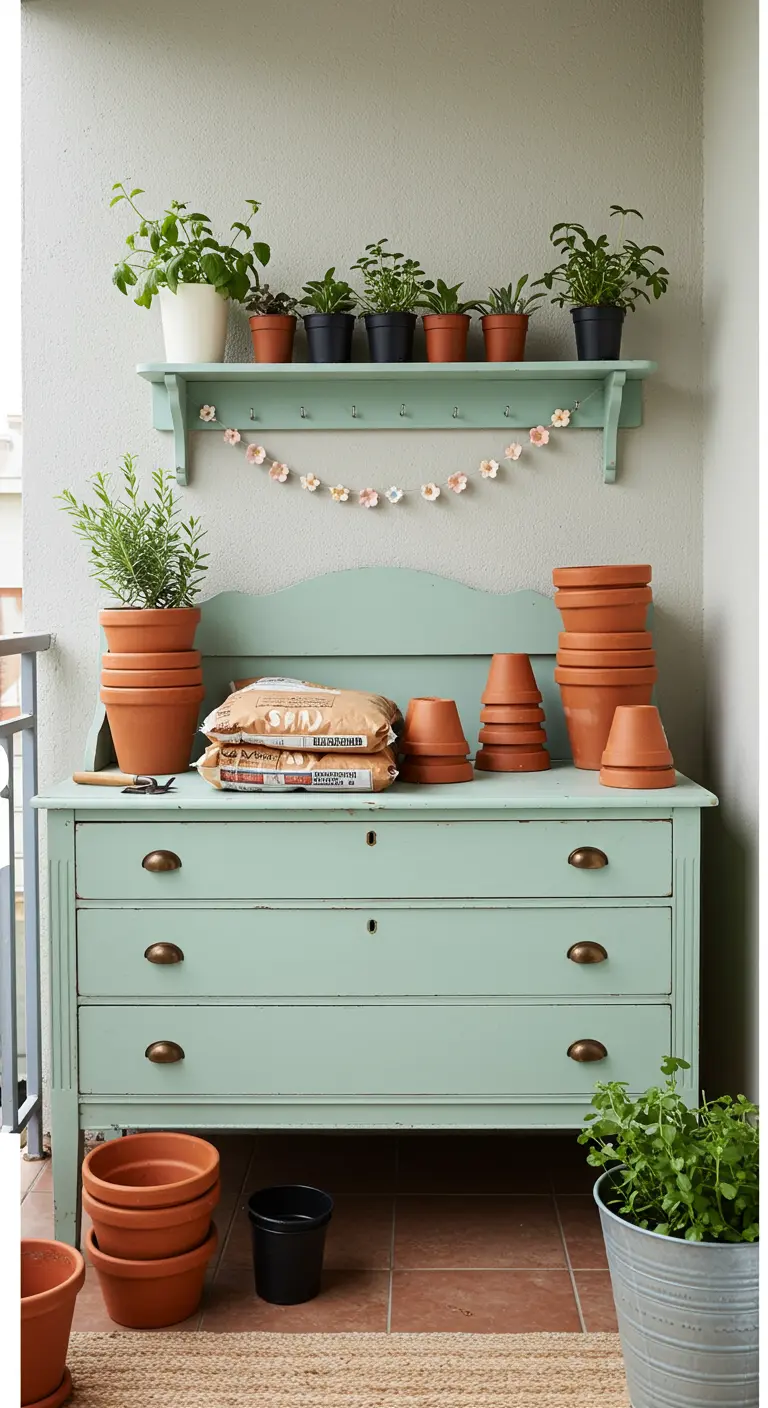 Une commode vintage peinte en vert menthe utilisée comme station de rempotage sur un balcon.