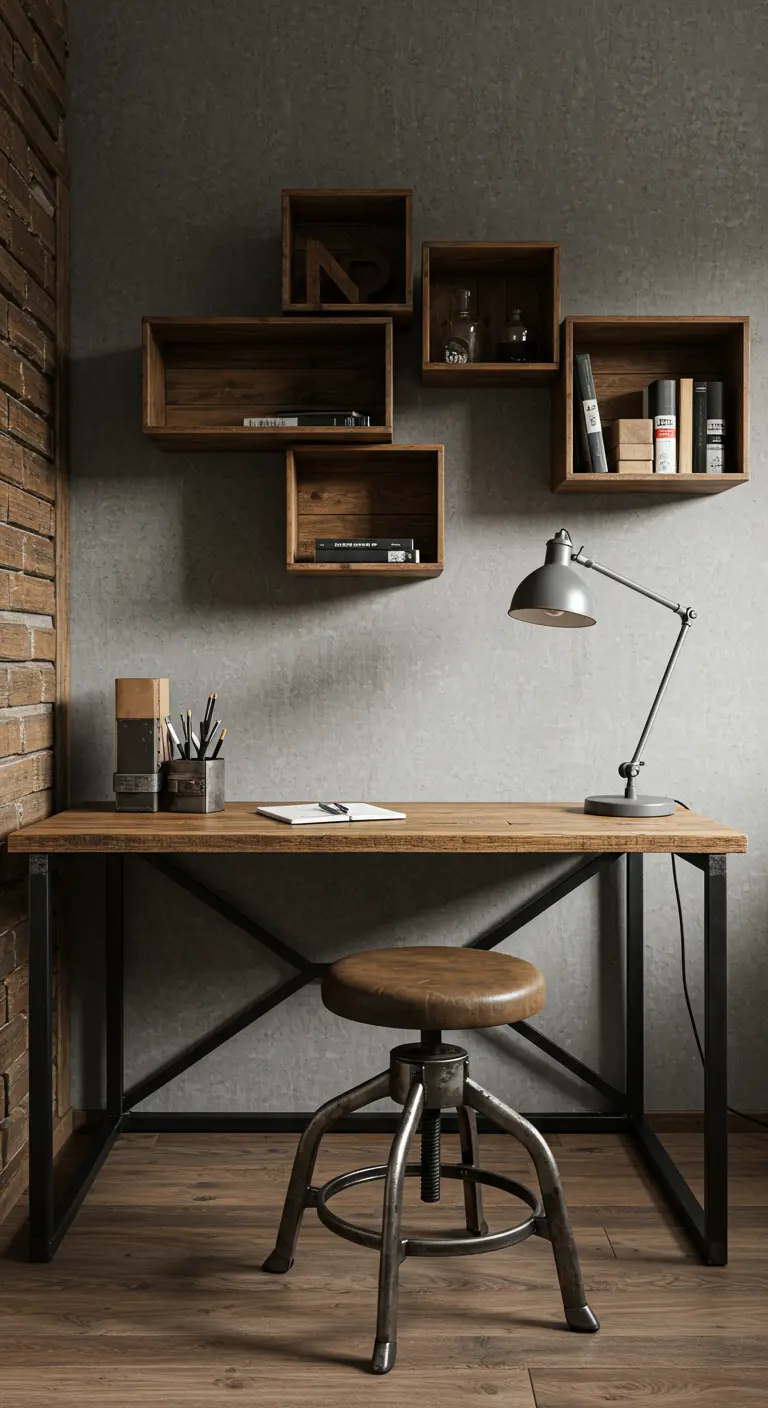 Bureau avec des caisses en bois de différentes tailles fixées au mur comme des étagères.