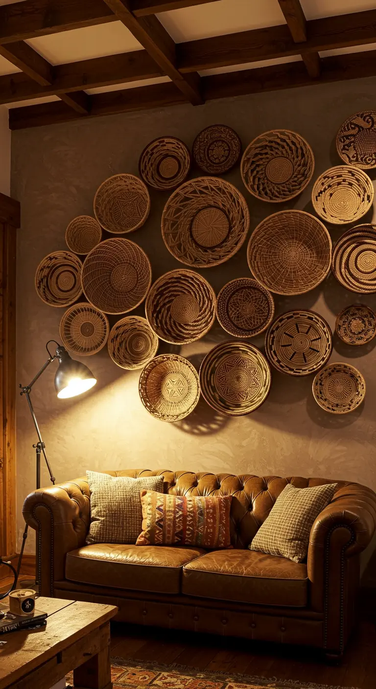 Collection de paniers tressés de différentes tailles accrochée au mur au-dessus d'un canapé en cuir.
