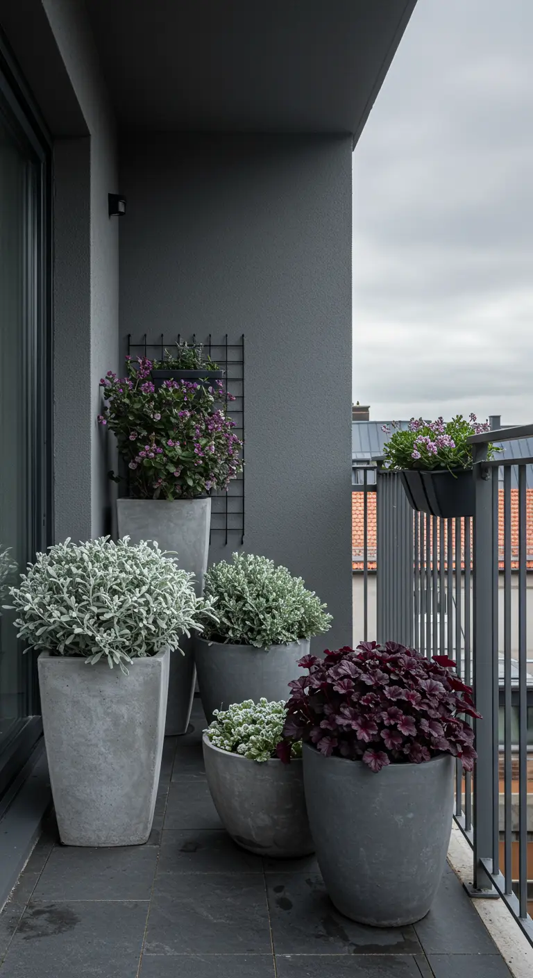 Groupe de pots en béton gris avec des plantes aux feuillages variés.