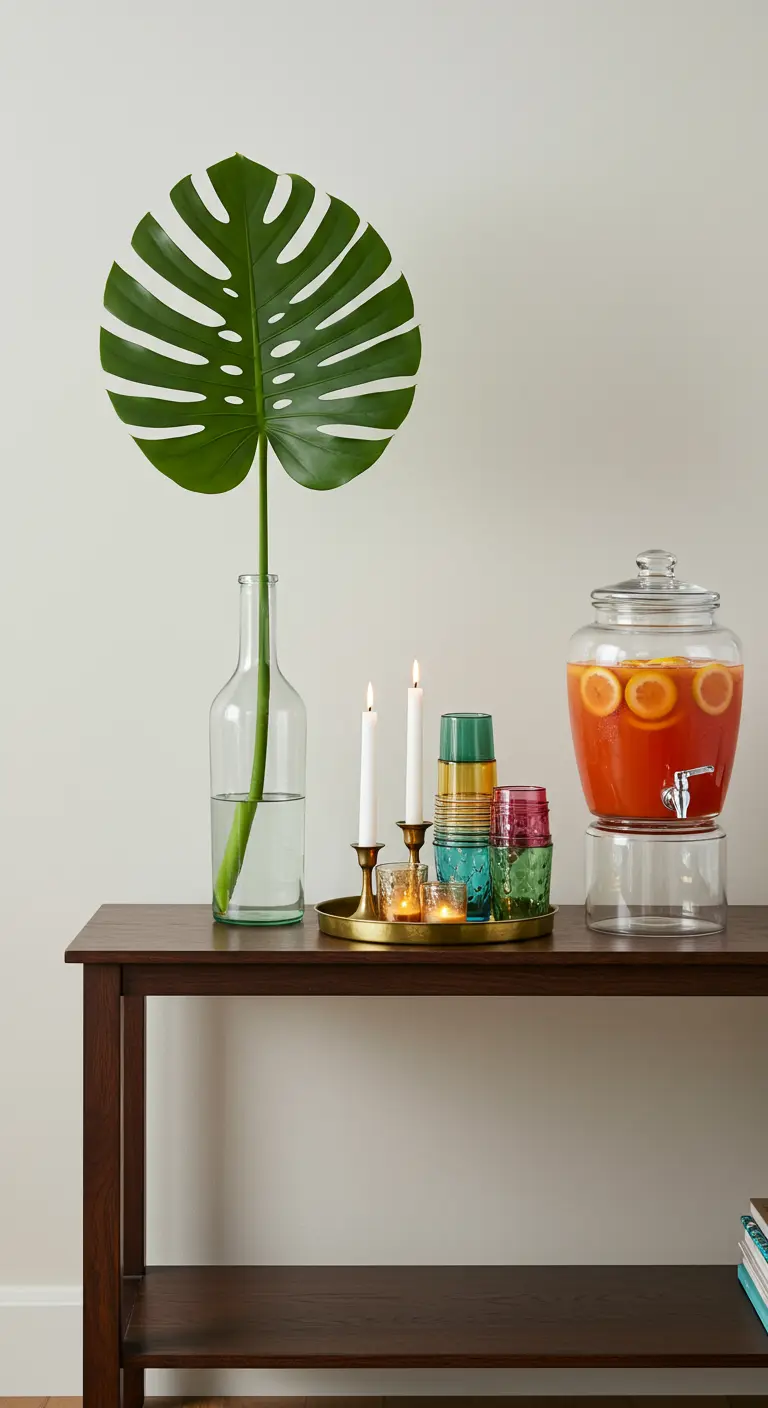 Console avec une feuille de Monstera dans un vase, des bougies et une bonbonne à boisson