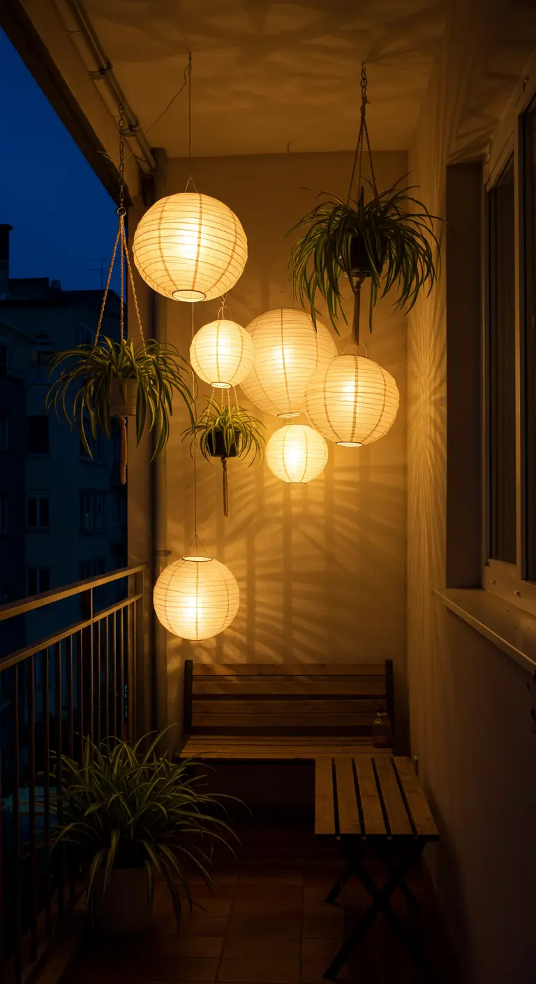 Balcon éclairé par un groupe de lampions en papier suspendus avec des plantes.