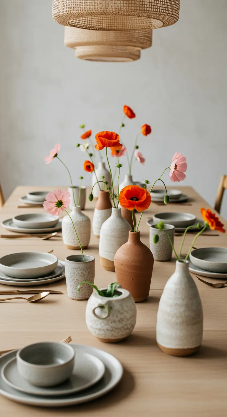 Table en bois avec une collection de petits vases en céramique et des coquelicots.