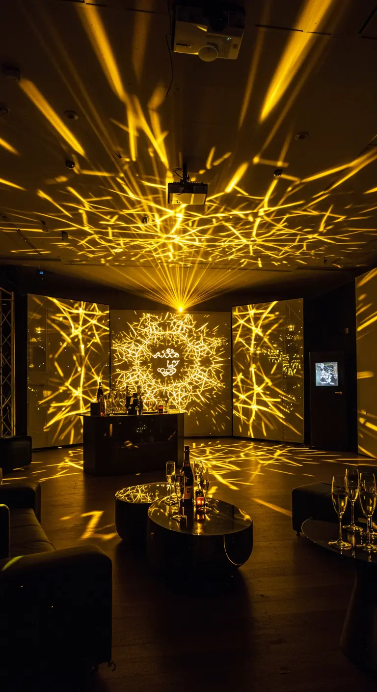 Salle de fête sombre illuminée par des projections de lumière laser dorée sur les murs.