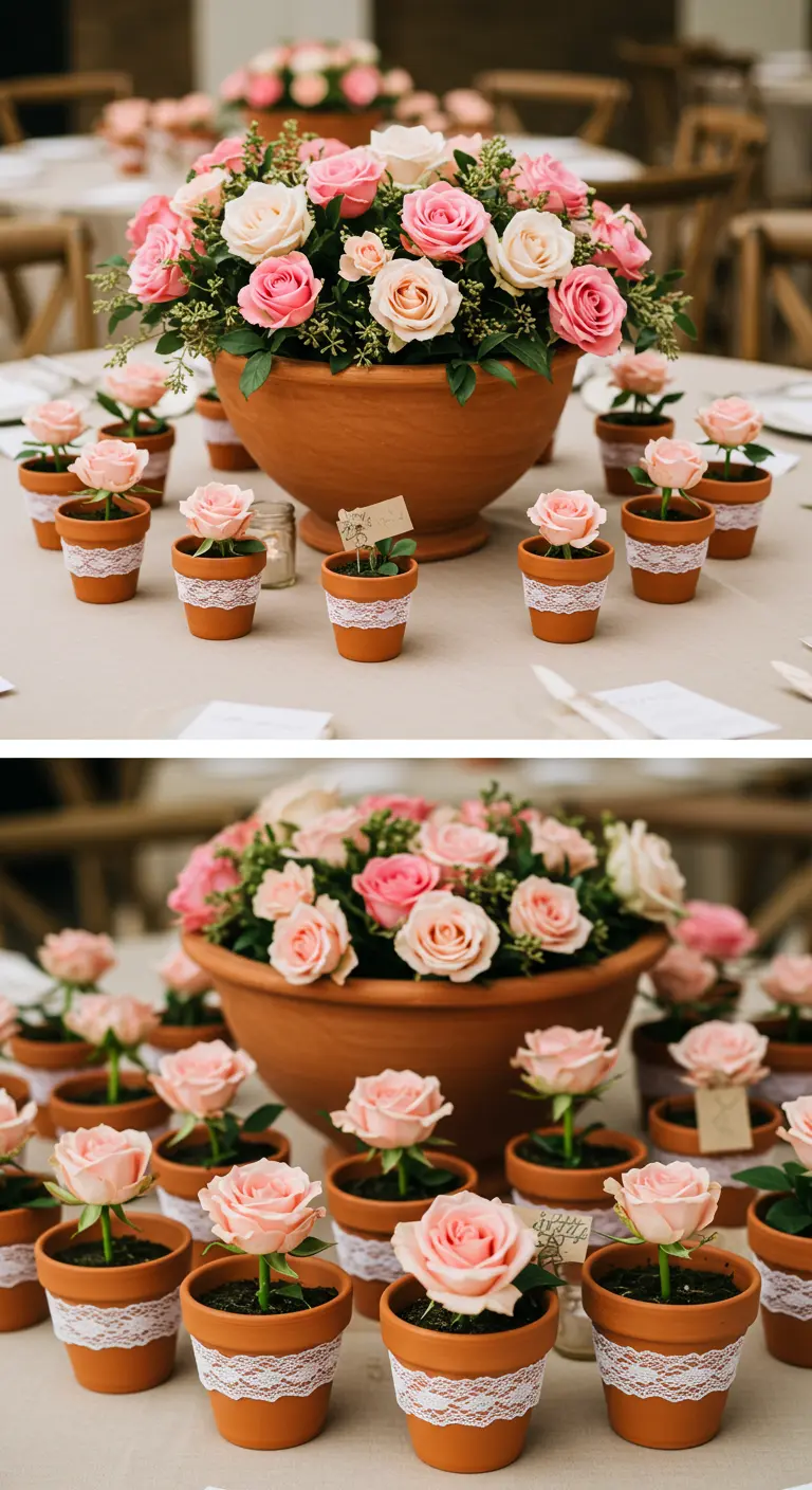 Grand centre de table entouré de multiples petits pots de roses individuels.