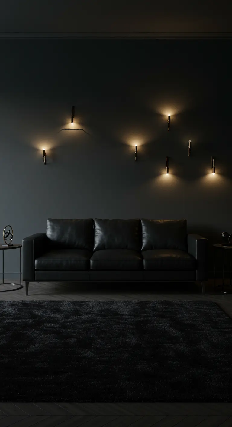 Mur sombre avec un canapé en cuir noir et plusieurs petites appliques murales design.