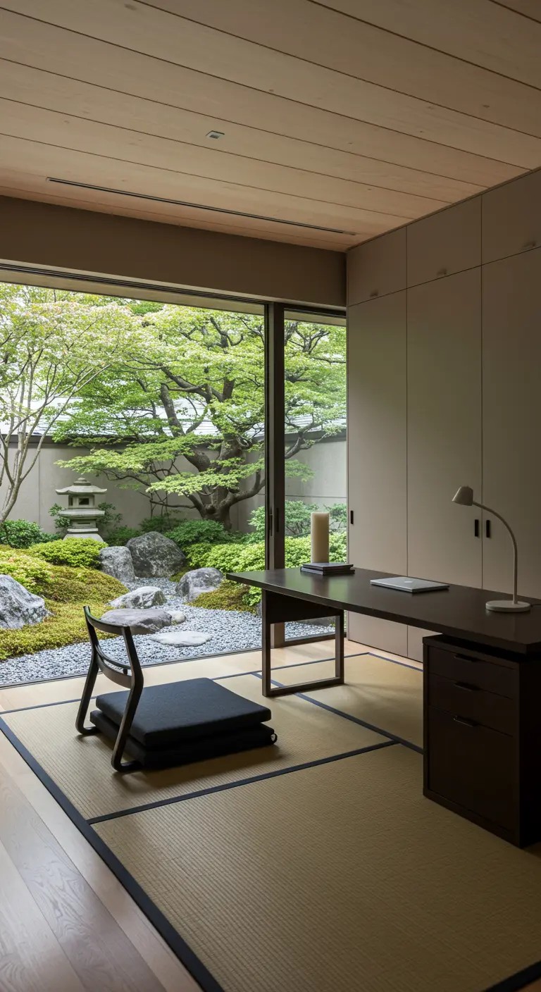 Bureau sobre face à une baie vitrée donnant sur un jardin japonais luxuriant.