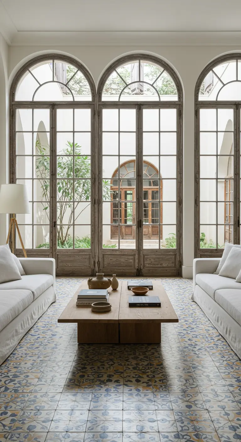 Salon spacieux avec carrelage à motifs et deux canapés blancs se faisant face.