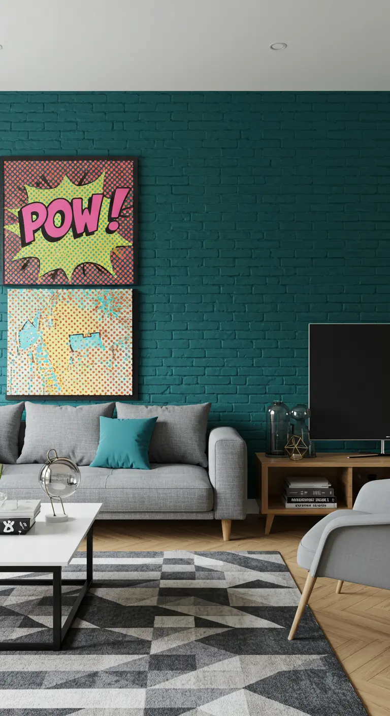 Salon moderne avec un mur de briques peint en bleu-vert, canapé gris et art pop.