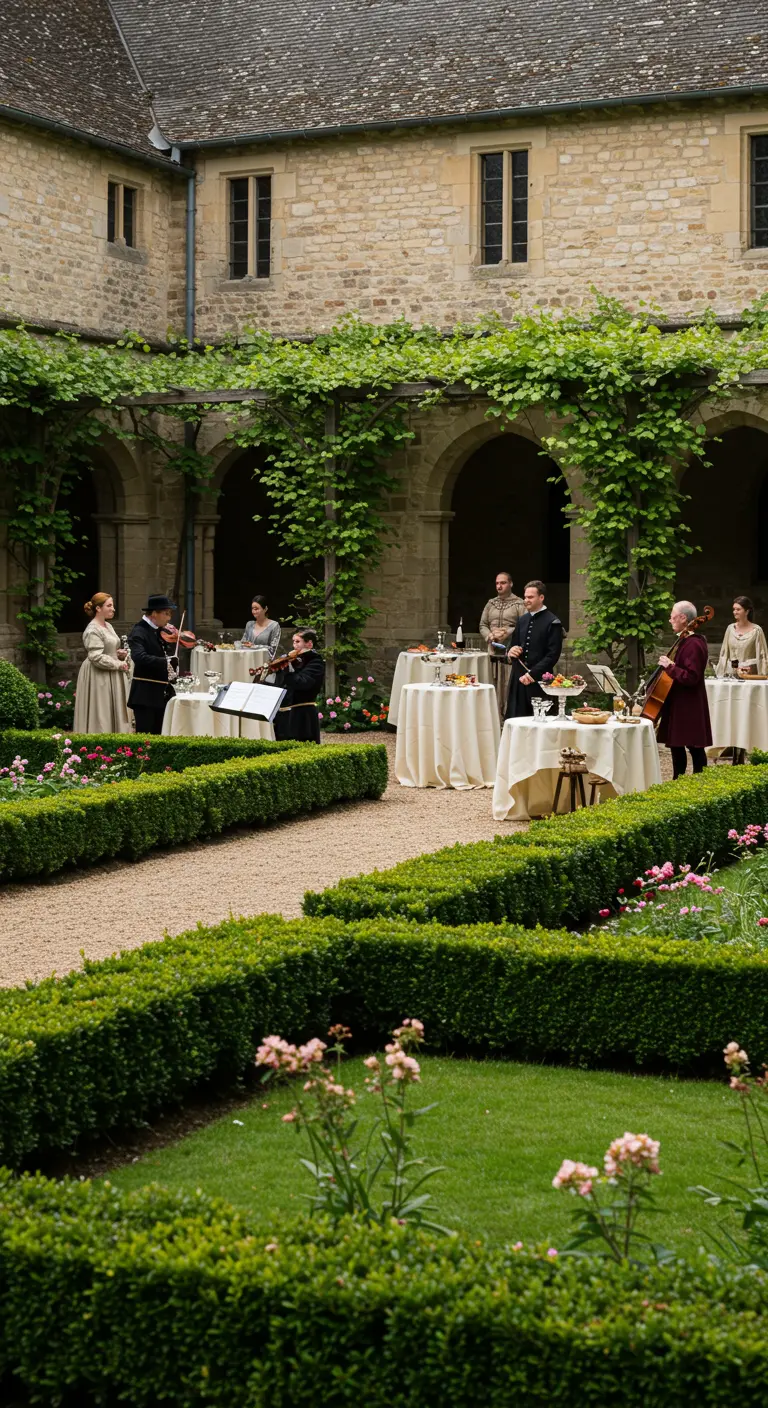 Musiciens en costumes d'époque jouant dans un jardin de château verdoyant.