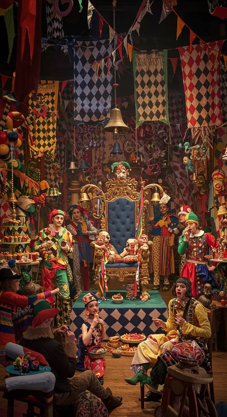 Scène de fête colorée et chaotique avec des bouffons et des décorations vives.